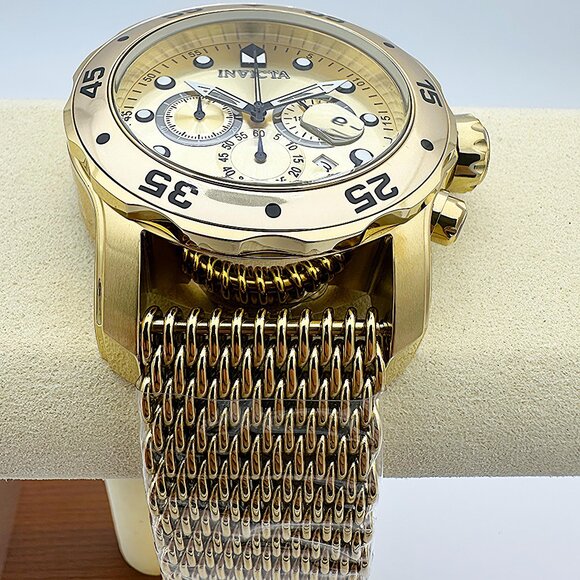 NEW Invicta Men's 48mm ProDiver Scuba Chronograph Watch Golden Dial SS Case Mesh - Picture 7 of 9
